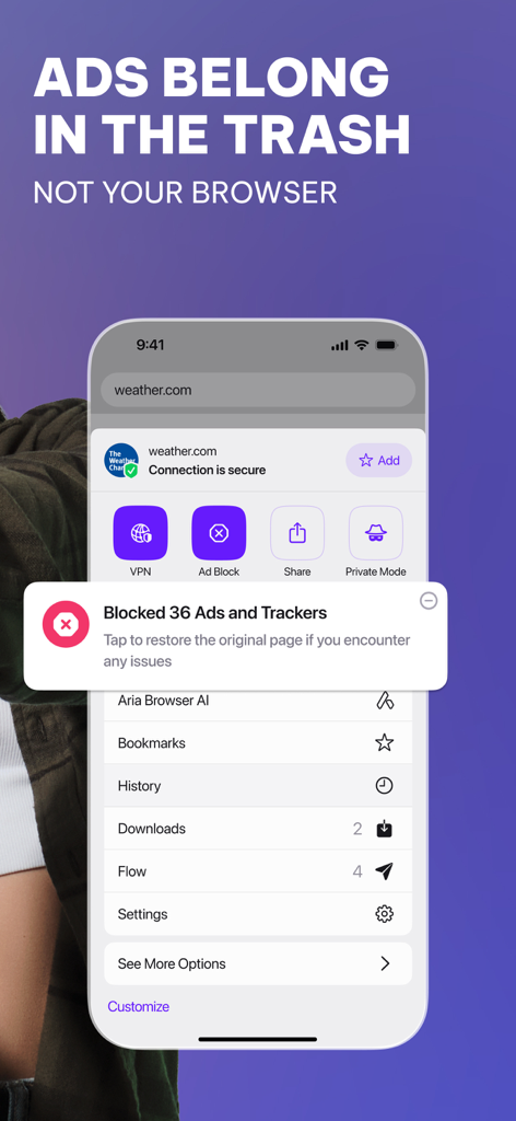 Opera-Browser-Oberfläche auf dem iPhone, die eine Benachrichtigung für blockierte Anzeigen und Tracker anzeigt