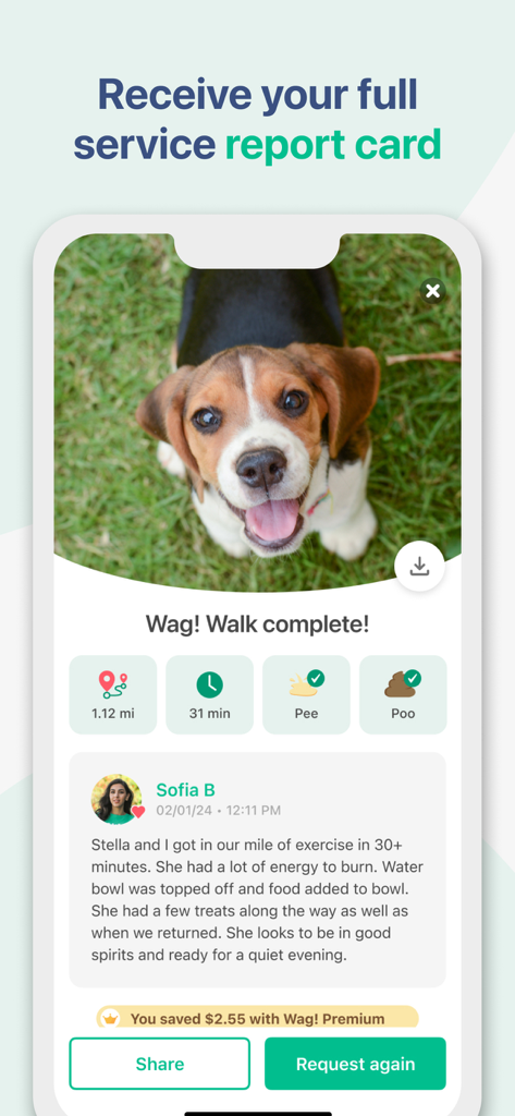 Wag! - Dog Walkers & Sitters - Capture d'écran de l'application Wag affichant un rapport de promenade de chien comprenant une photo du chiot, des statistiques de promenade et un résumé du maître.