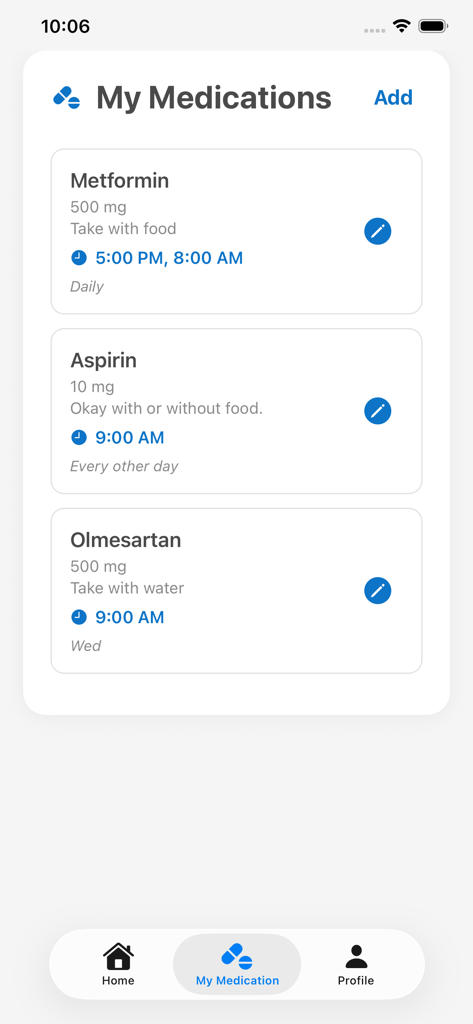 Daily Minder - Una pantalla simple que muestra una lista de medicamentos programados con detalles de dosis y frecuencia
