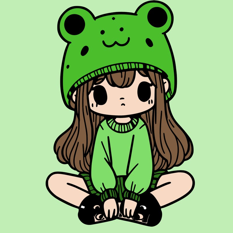 a girl wearing a frog hat and some frog socks