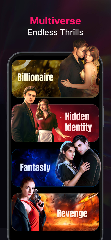 DreameShort - Drama TV - DreameShort App-Oberfläche, die Dramen-Kategorien wie Milliardär Geheime Identität Fantasy und Rache zeigt