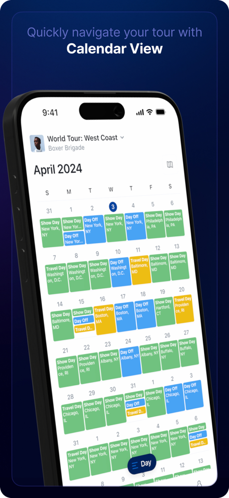 Daysheets - A color-coded tour schedule displayed in a monthly calendar view on the Daysheets mobile app.