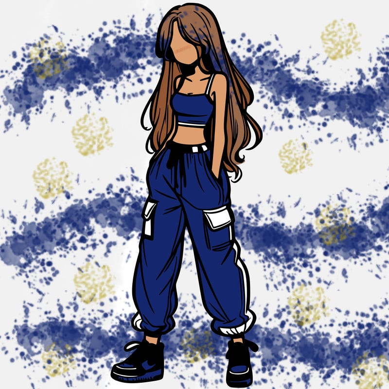 girl in baggy pants crop top and long hair