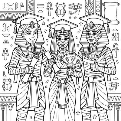 Unearth a unique celebration with this captivating coloring page featuring royal mummies proudly graduating! Adorned in caps and holding diplomas, these ancient figures bring a fun, historical twist to a modern milestone.