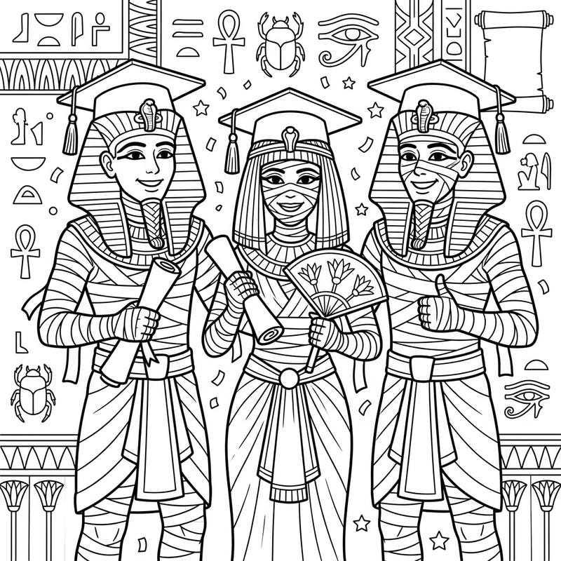 Unearth a unique celebration with this captivating coloring page featuring royal mummies proudly graduating! Adorned in caps and holding diplomas, these ancient figures bring a fun, historical twist to a modern milestone.