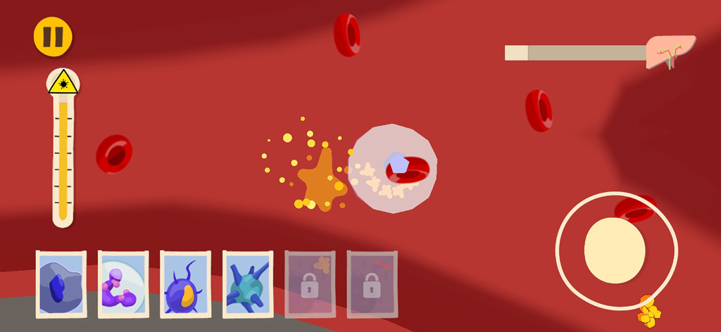 A gameplay screenshot of Cells in Action showing an immune cell defending a blood vessel against bacteria