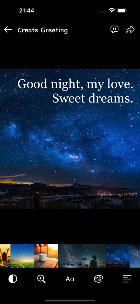 Good Morning & Good Night Love - Personalized good night message on a starry sky background within the app interface