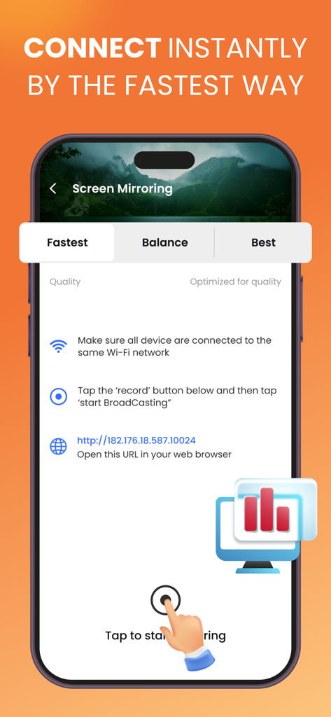 iPhone screen showing fast connection setup for the Screen Mirroring app to a smart TV.