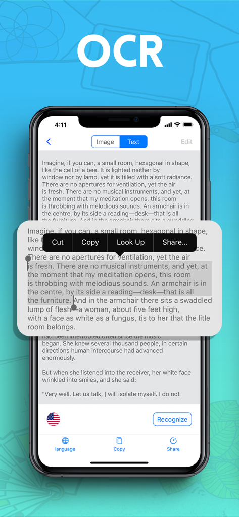 Scanner HD - PDF Scanner App - Application Scanner HD affichant les fonctionnalités de reconnaissance et de sélection de texte OCR sur un iPhone