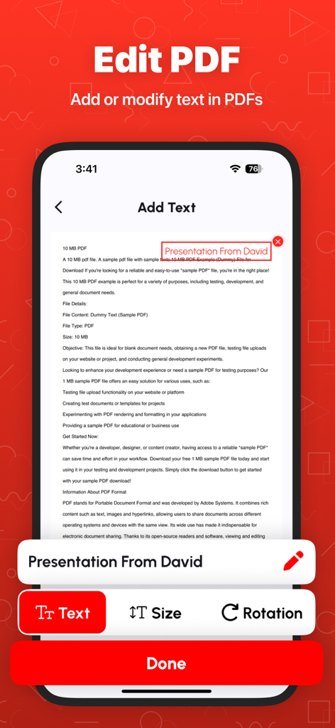 iPhone上でPDFドキュメントにテキストを追加および編集する方法を示すモバイルアプリインターフェイス