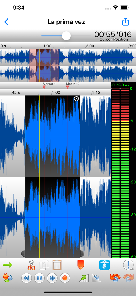 TwistedWave Audio Editor - Interface of TwistedWave Audio Editor showing a stereo waveform selection with a vertical level meter and editing tools.