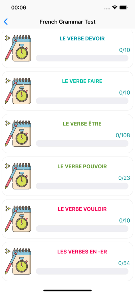 French Grammar Test - Interface of French Grammar Test app showing a list of verb conjugation exercises with progress bars