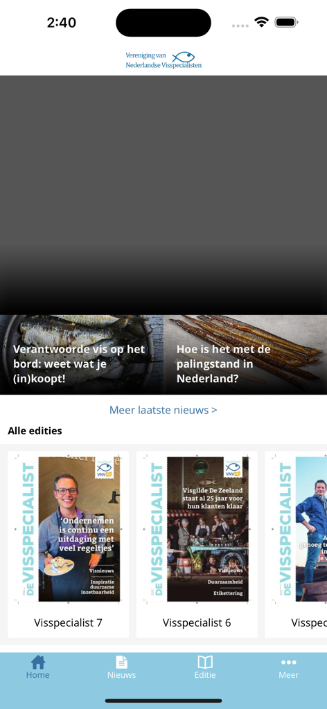 VNV app - Home screen of the VNV app displaying seafood industry news and trade magazine editions
