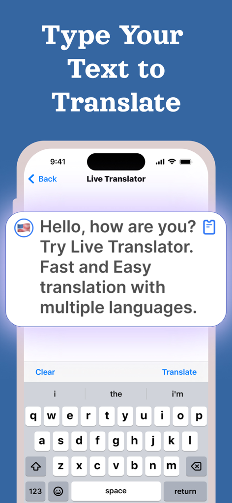 Interfaz de la aplicación Live Voice Translator mostrando la función de traducción de texto a texto con un teclado en pantalla