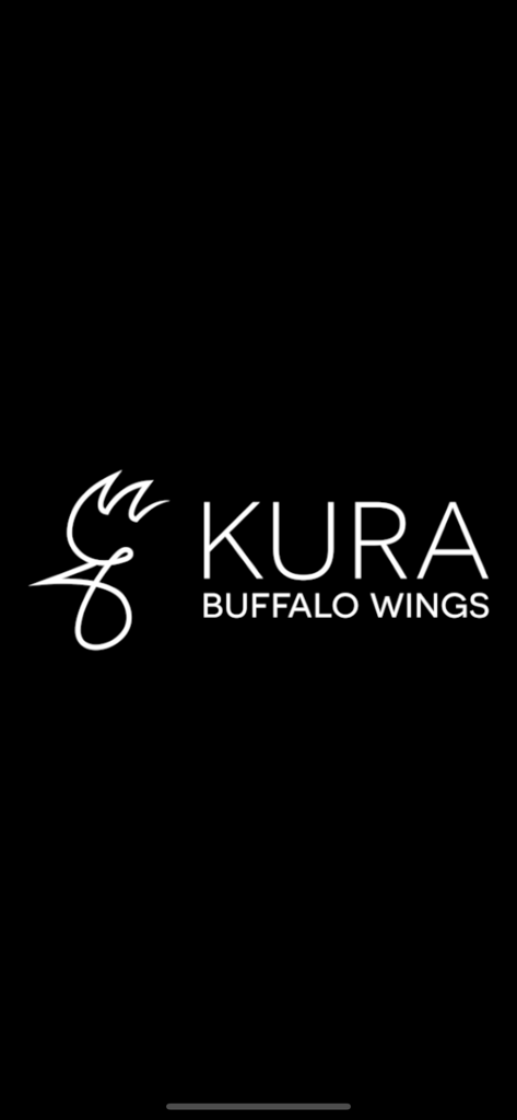 KURA - Logo blanco de Kura Buffalo Wings y contorno de gallo sobre fondo negro