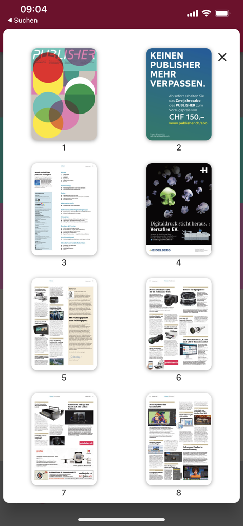 Uma visualização em grade de várias páginas do aplicativo PUBLISHER magazine suíço, mostrando a capa, o índice e notícias da indústria.