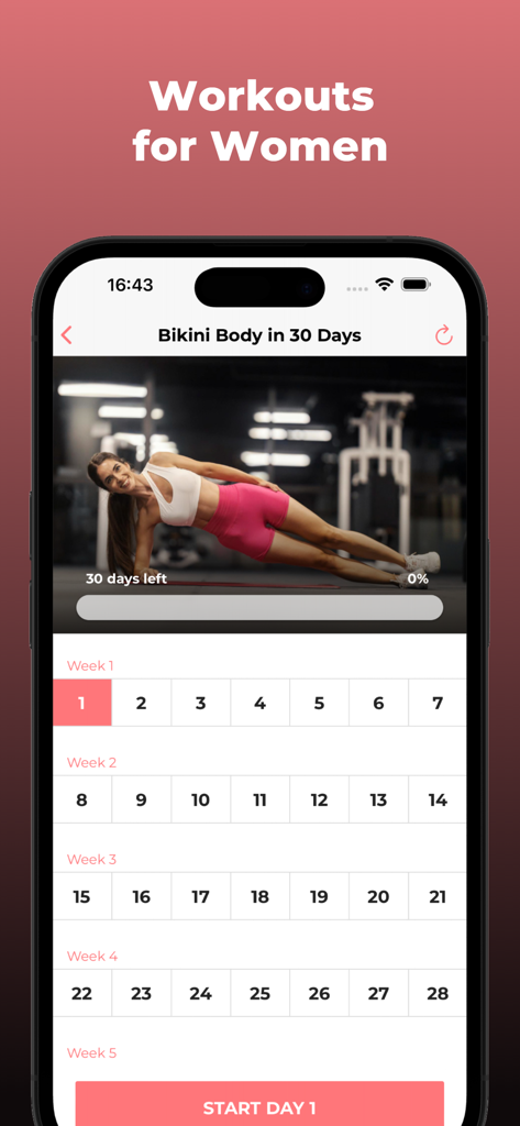 Bikini Body Challenge - A mobile app screen showing a 30 day fitness challenge calendar for women with a workout demonstration.
