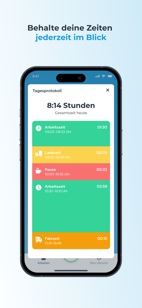 clockin – Zeiterfassung - Smartphone screen displaying a daily log of work hours and tasks in the clockin app