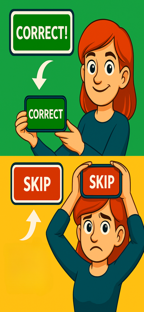 Heads Up - Charades - An illustration showing how to tilt the phone down for correct and up to skip in the Heads Up Charades party game.