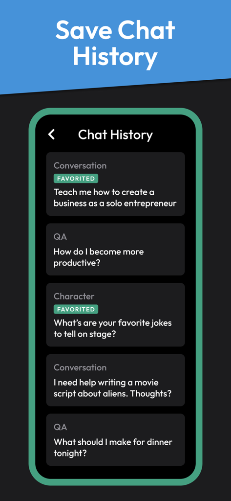 Copy AI: Content Script Writer - Interfaz de la aplicación Copy AI que muestra una lista del historial de chat guardado y conversaciones de IA favoritas