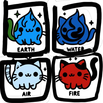 4 cats that represent the different elements, earth, water, air, and fire