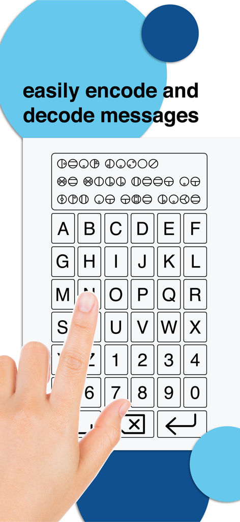 Cipher - Interface of the Cipher app showing a person typing on a keyboard to encode a secret message into symbols