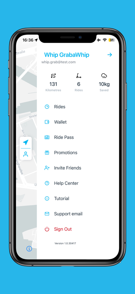 Whip Rideshare - Whip Rideshare app side menu displaying user travel statistics and navigation options