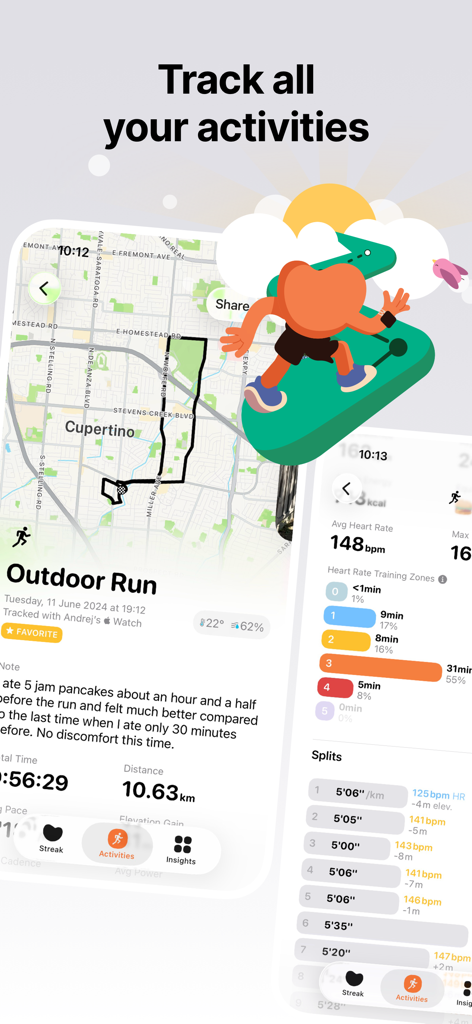 Gentler Streak Workout Tracker - Interfaz de la aplicación Gentler Streak que muestra una carrera al aire libre con mapa de ruta y métricas de entrenamiento