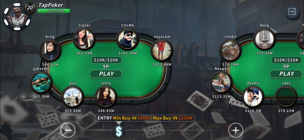 Tap Poker Social - Tap Poker Social game lobby screen showing available Texas Holdem tables and player avatars