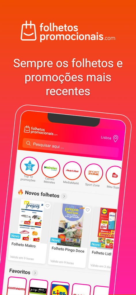 Folhetos Promocionais Portugal - Interface de l'application mobile Folhetos Promocionais Portugal affichant des brochures de vente au détail et des prospectus de réduction