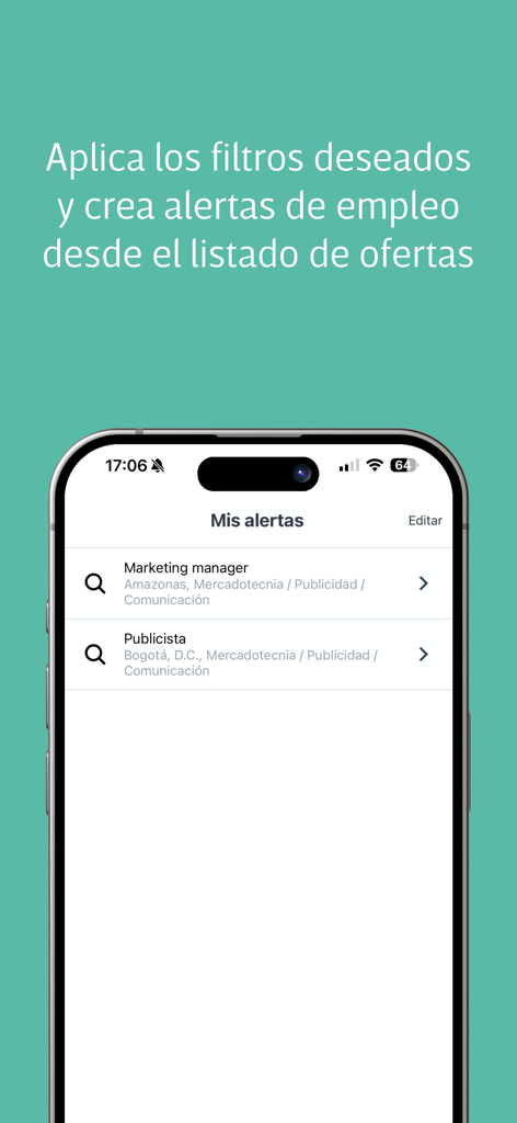 Computrabajo - Computrabajo mobile app screen displaying a list of job alerts for marketing and publicist roles in Spanish.