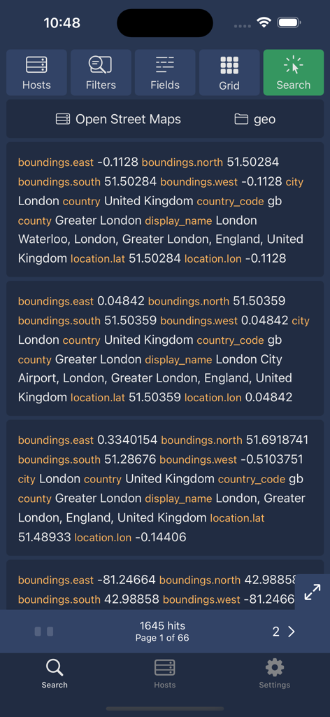 Search Opsモバイルアプリインターフェイス。ロンドンの場所の緯度と経度データを含む地理検索結果を表示しています。