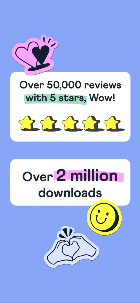 Fizzer - Personalized Cards - Graphique montrant que l'application Fizzer compte plus de 50 000 avis cinq étoiles et 2 millions de téléchargements.