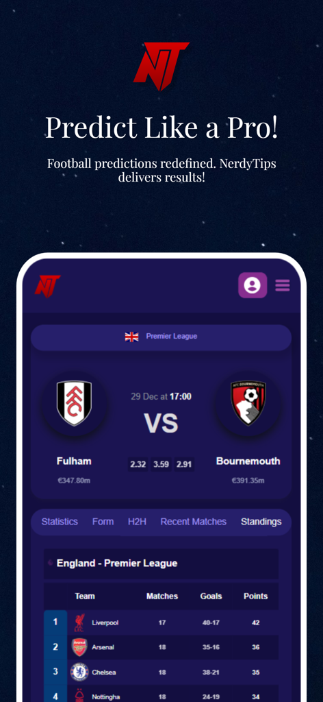 NerdyTips app interface displaying Premier League soccer predictions and match analysis for Fulham versus Bournemouth