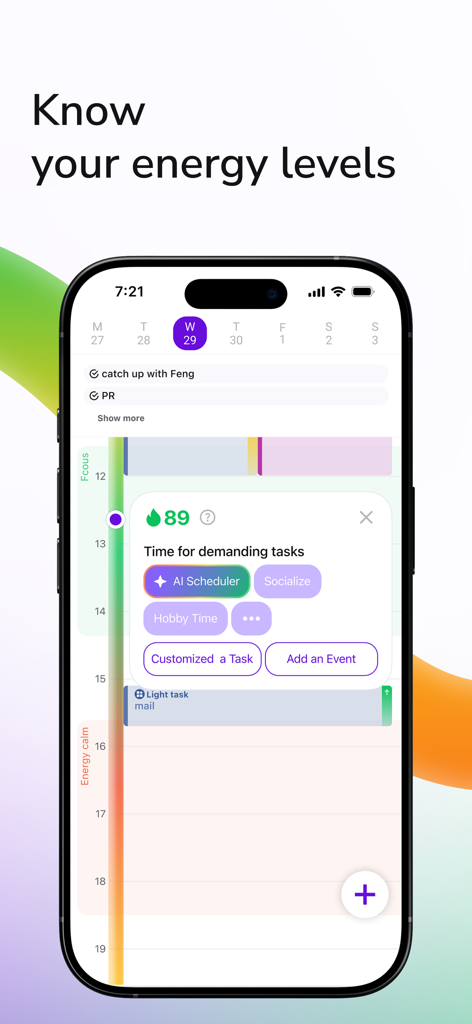 Lifestack: Circadian Planner - Lifestack app interface showing daily energy levels and task recommendations for productivity.