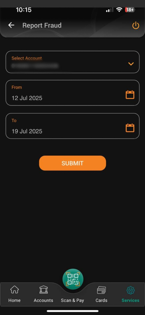 IDBI Bank GO Mobile+ - Interfaz de reporte de fraudes de la aplicación IDBI Bank GO Mobile plus