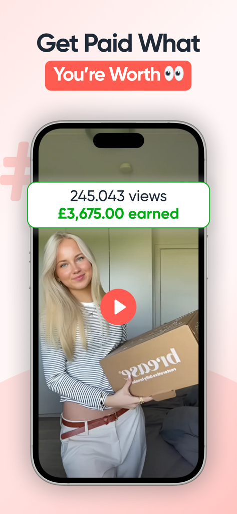 A woman content creator holding a package with a text overlay showing earnings from video views on the Burst app