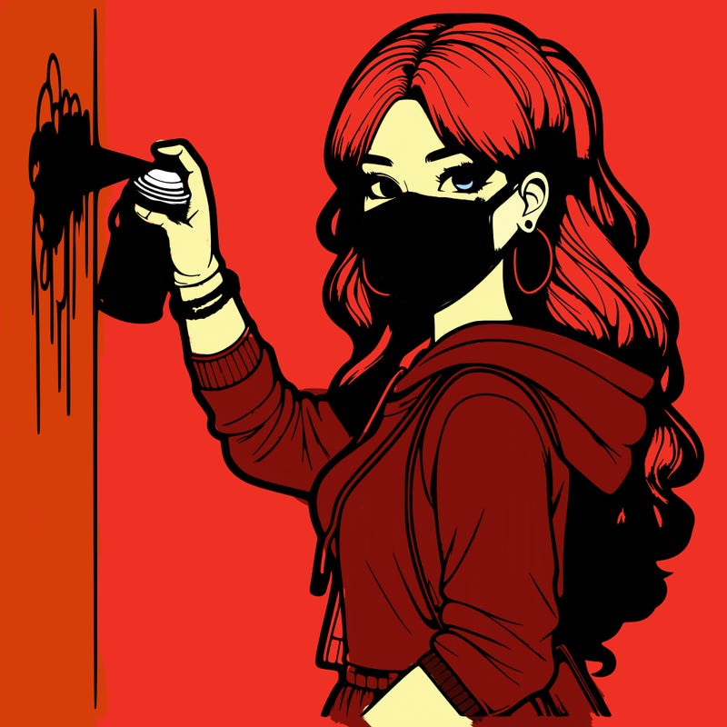 realistic girl with mask spray painting a wall