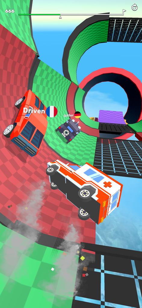 Ramp Racing 3D — Extreme Race - Cars and an ambulance performing extreme stunts on a colorful 3D ramp loop