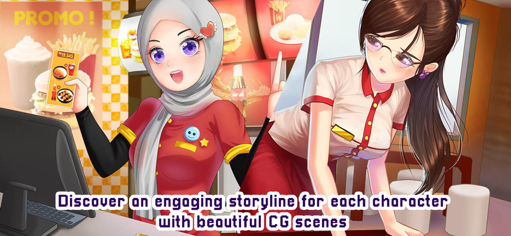 Two anime girls in restaurant uniforms representing character story arcs in Citampi Stories