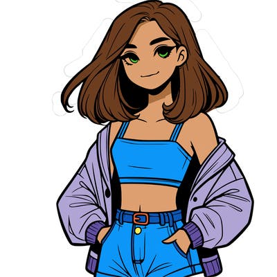 a realistic girl with a crop top and short shorts in an open jacket