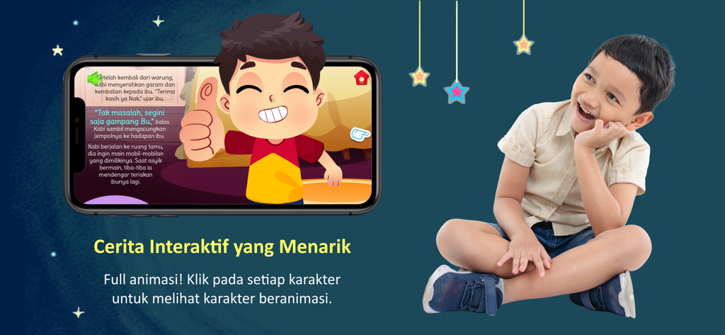 Kabi Story Book - Uma criança sentada ao lado de um smartphone mostrando o aplicativo de histórias islâmicas animadas interativas Kabi Story Book