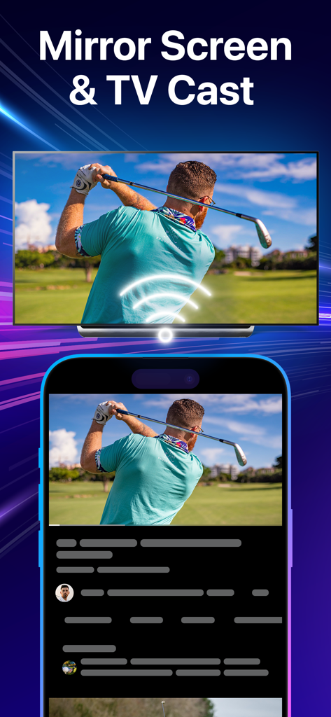 RemoTV 앱을 사용하여 아이폰에서 대형 스마트 TV 화면으로 골프 선수 동영상을 미러링하는 모습.
