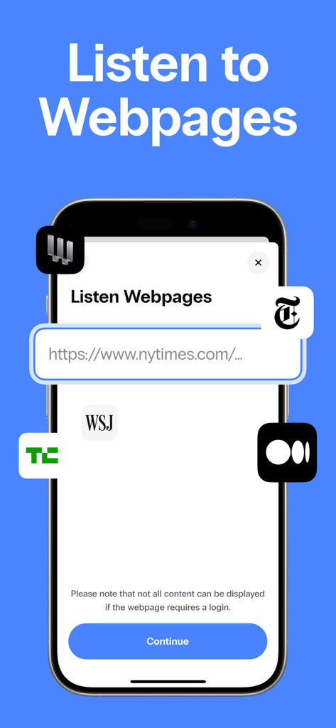 Un smartphone mostrando la función de la aplicación Speak4Me para escuchar páginas web con logotipos de los principales medios de comunicación.
