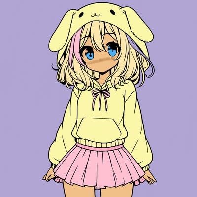 pretty anime girl wearing a fluffy hoodie with bunny ears on the hood and a skirt