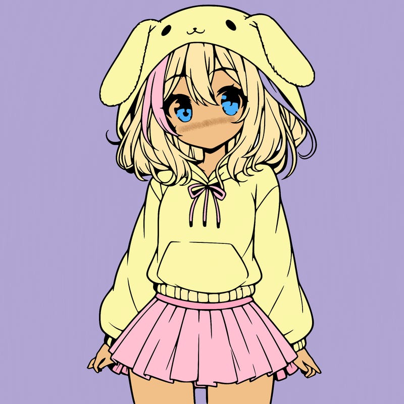 pretty anime girl wearing a fluffy hoodie with bunny ears on the hood and a skirt