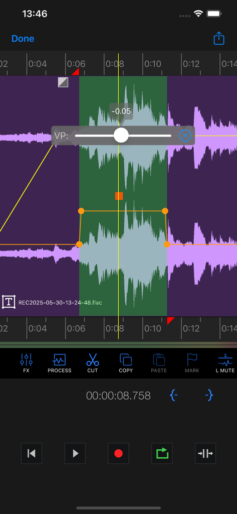 au editor - audio cutter - Smartphone interface of Au Editor showing multi track waveform editing with volume control and transport tools.