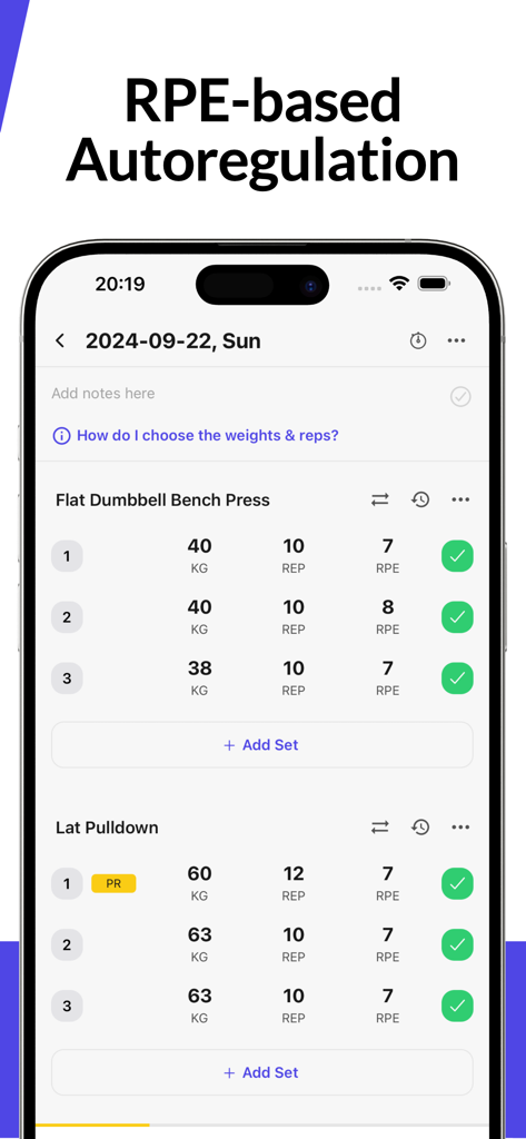 Interface de registro de treino no aplicativo Hyper mostrando pesos, repetições e RPE para supino com halteres e puxada alta.
