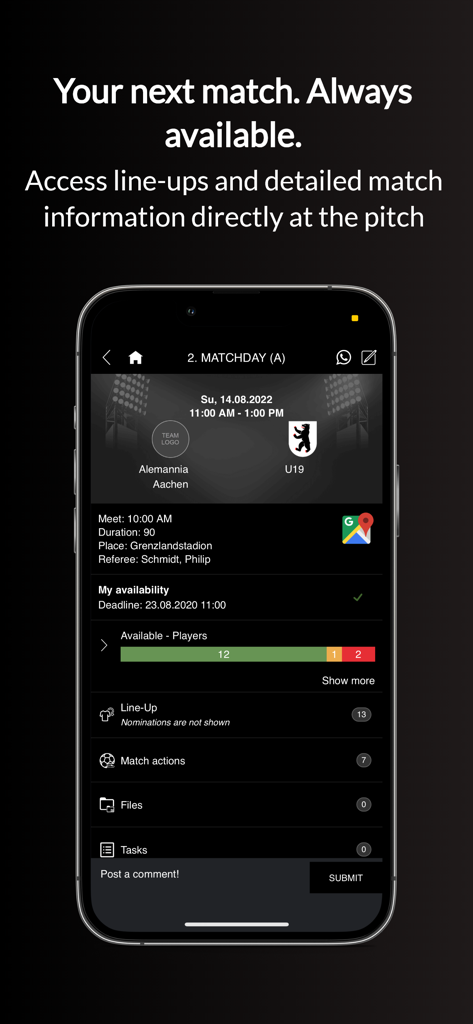 Soccer match schedule and details screen in the easy2coach Team Manager app