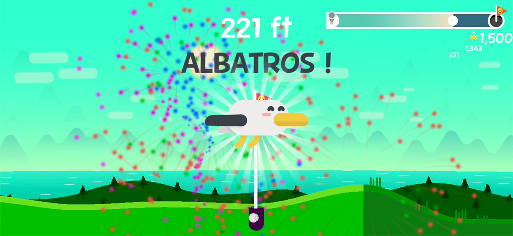 Screenshot of Golf Orbit game celebrating an Albatross score with fireworks and a cartoon bird